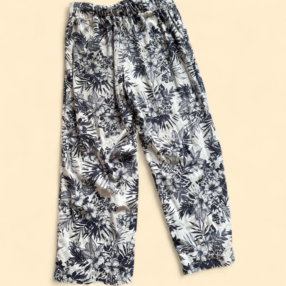 Beau Dawson Wide Leg Pants Large Navy White Tropical Floral Linen Blend Pockets - Picture 4 of 4